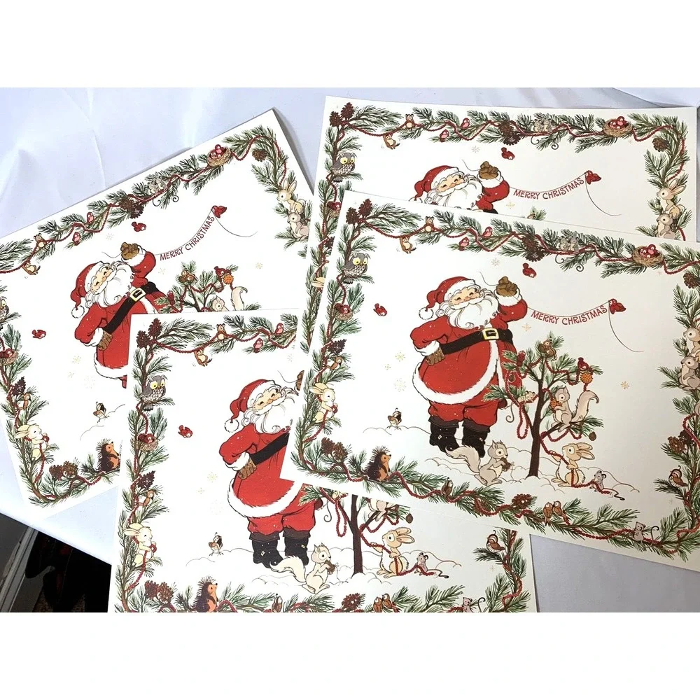 Hallmark Christmas Placemats x4 Santa Animals Vintage Coated Paper CLEAN USAmade